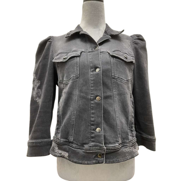 Retrofete Ada Black Denim Jacket Medium Puff Sleeve Distressed Acid Wash Crop - Picture 2 of 16